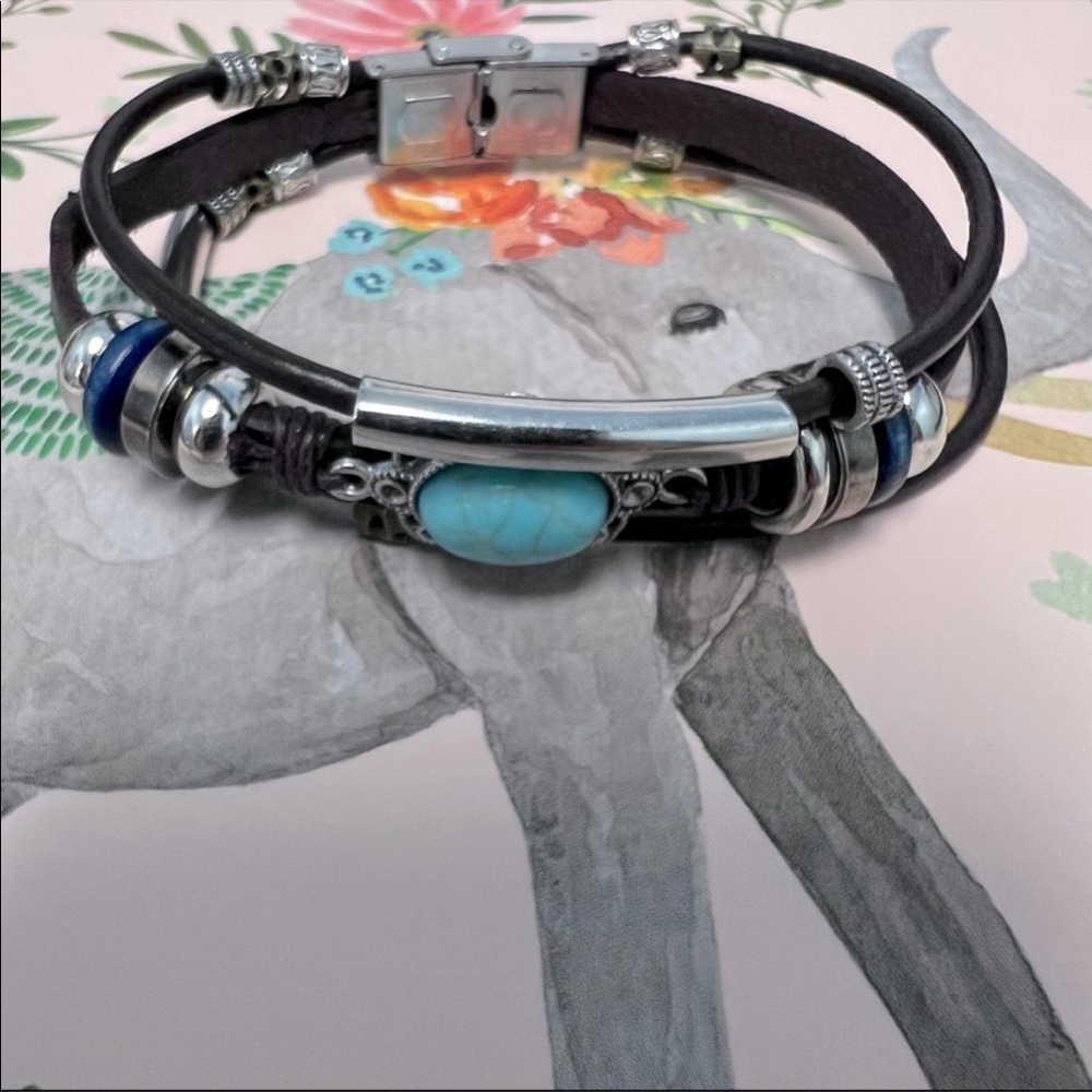 Vintage style bohemian turquoise leather bracelet multilayered - Picture 4 of 7